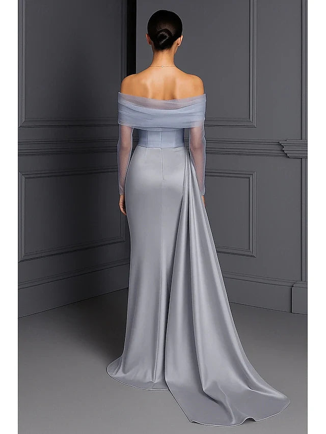 Elegant Sheath Off-Shoulder Long Sleeve Embellished Draped Silver Floor-Length Prom Gown