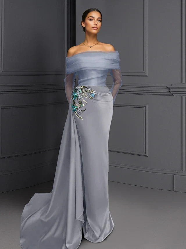 Elegant Sheath Off-Shoulder Long Sleeve Embellished Draped Silver Floor-Length Prom Gown