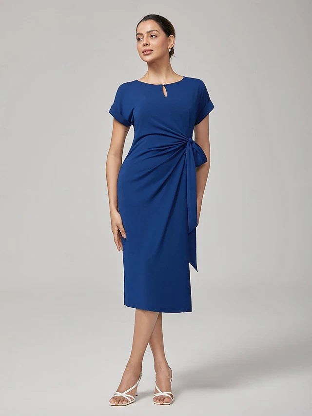 Elegant Sheath Round Neck Short Sleeve Waist Tie Royal Blue Midi Prom Dress