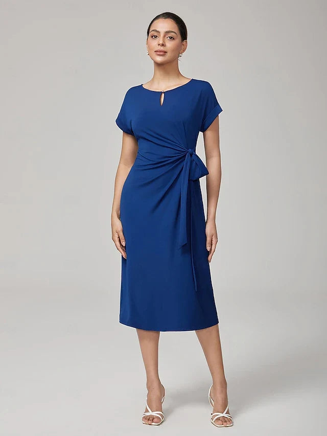 Elegant Sheath Round Neck Short Sleeve Waist Tie Royal Blue Midi Prom Dress