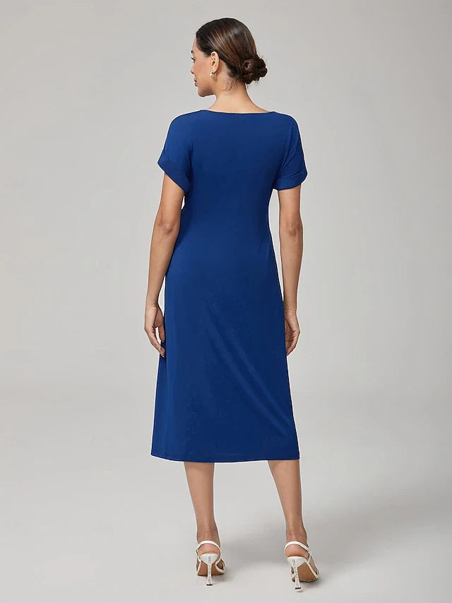 Elegant Sheath Round Neck Short Sleeve Waist Tie Royal Blue Midi Prom Dress