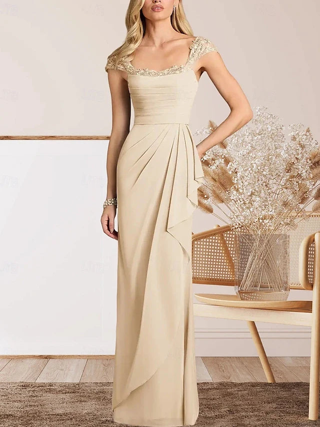 Elegant Sheath Square Neck Cap Sleeve Ruched Beaded Champagne Floor-Length Prom Dress
