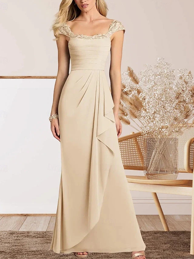 Elegant Sheath Square Neck Cap Sleeve Ruched Beaded Champagne Floor-Length Prom Dress