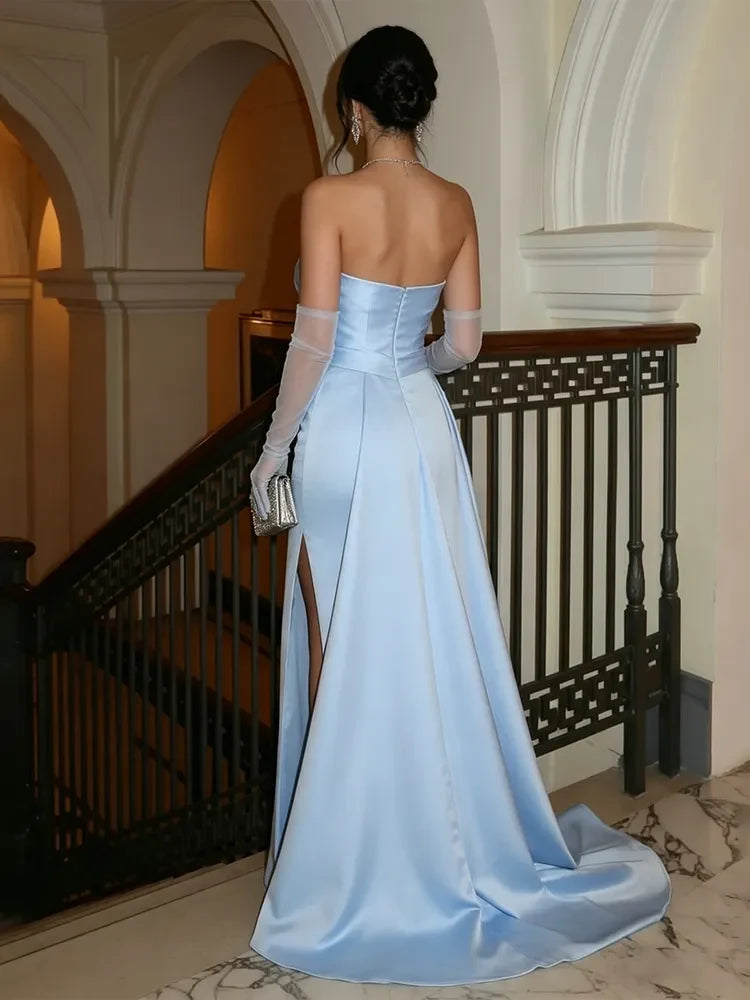 Elegant Sheath Strapless Draped High Slit Light Blue Floor-Length Prom Dress