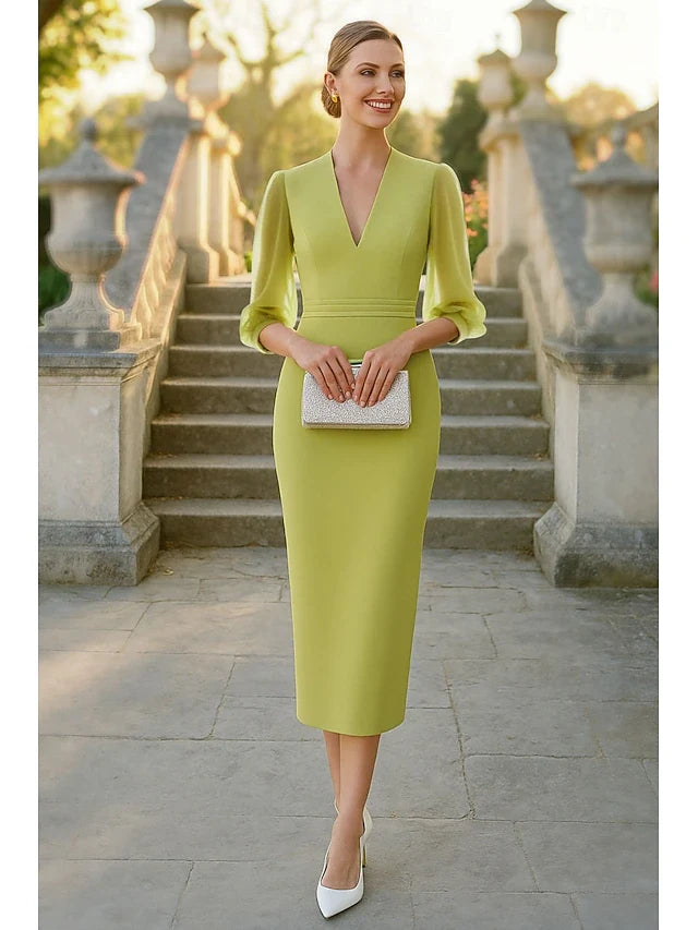 Elegant Sheath V-Neck Puff Sleeve Modern Lime Green Midi Prom Dress