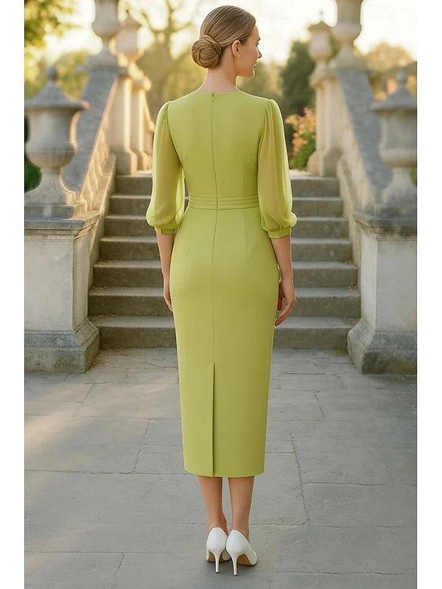 Elegant Sheath V-Neck Puff Sleeve Modern Lime Green Midi Prom Dress