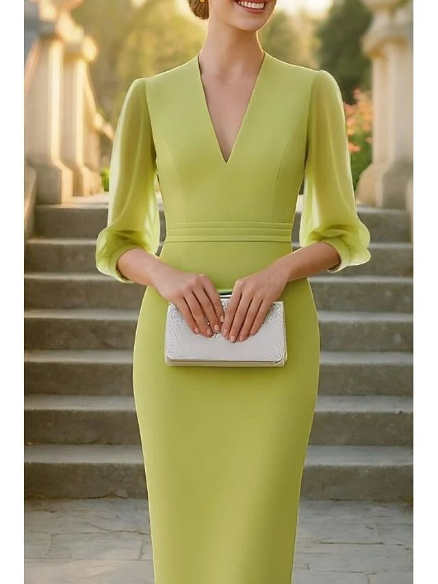 Elegant Sheath V-Neck Puff Sleeve Modern Lime Green Midi Prom Dress