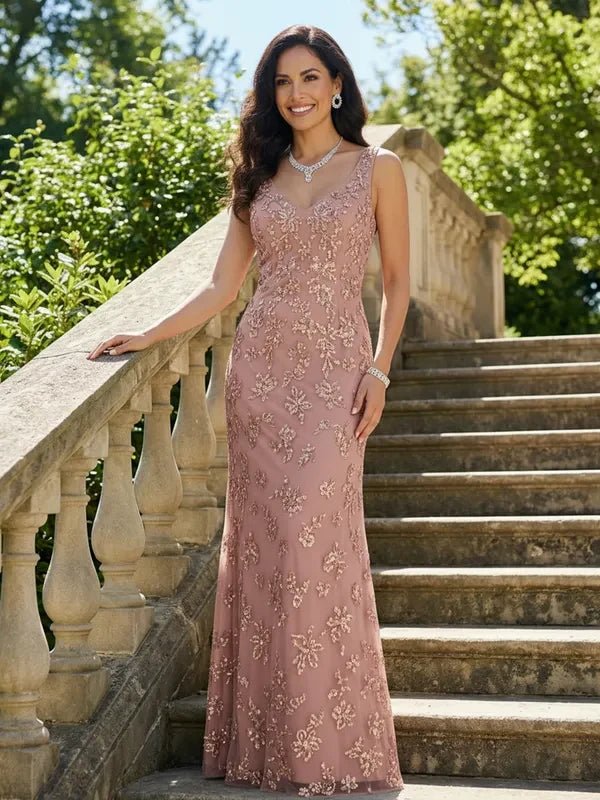 Elegant Sheath V-Neck Sleeveless Beaded Embroidered Dusty Rose Floor-Length Prom Gown