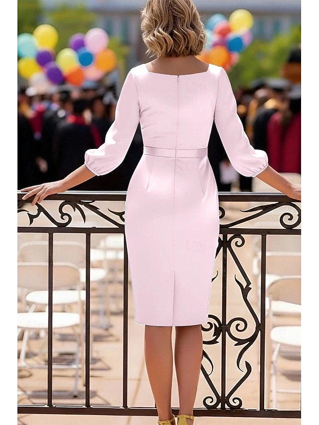 Elegant Sheath V-Neck Three-Quarter Sleeve Puff Sleeve Blush Pink Knee-Length Prom Dress