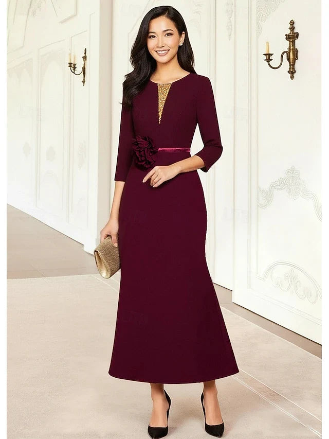 Elegant Trumpet Round Neck Three Quarter Sleeve Embellished Burgundy Midi Prom Dress