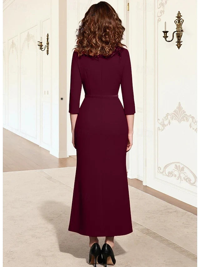 Elegant Trumpet Round Neck Three Quarter Sleeve Embellished Burgundy Midi Prom Dress