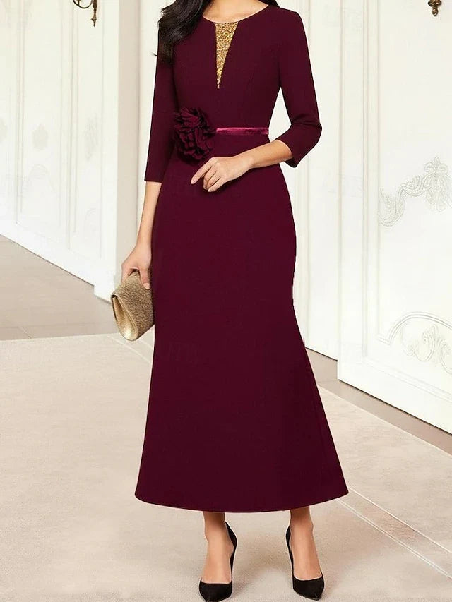 Elegant Trumpet Round Neck Three Quarter Sleeve Embellished Burgundy Midi Prom Dress