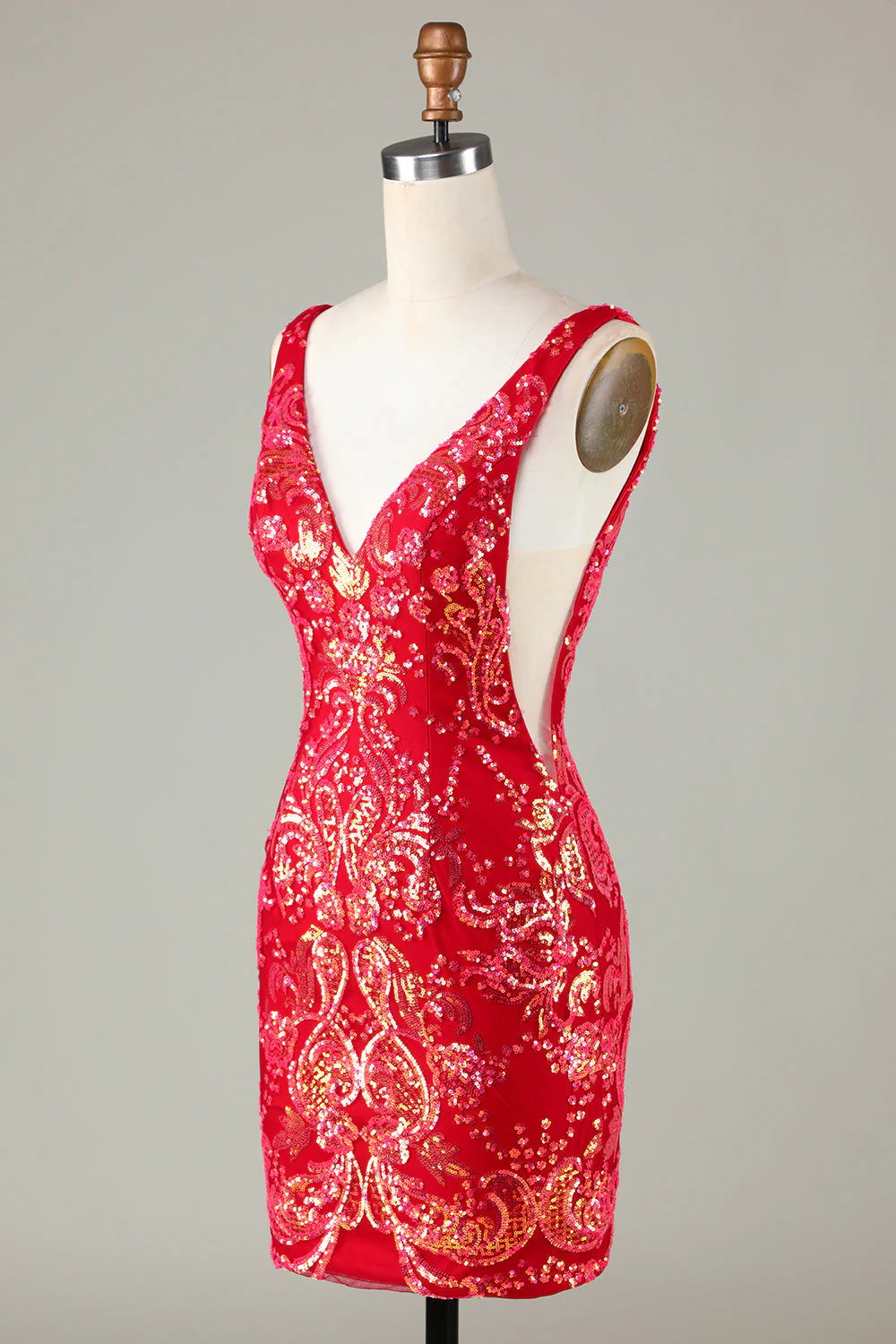 Elegant V-neck backless shiny sequined tight back back school gown