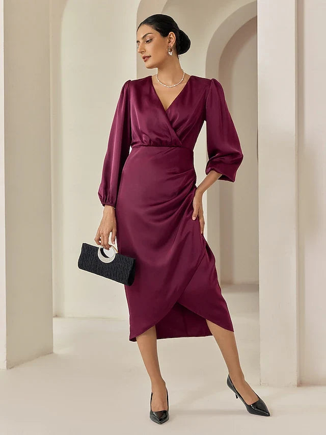Elegant Wrap V-Neck Long Sleeve Ruched Tulip Burgundy Midi Prom Dress Women's
