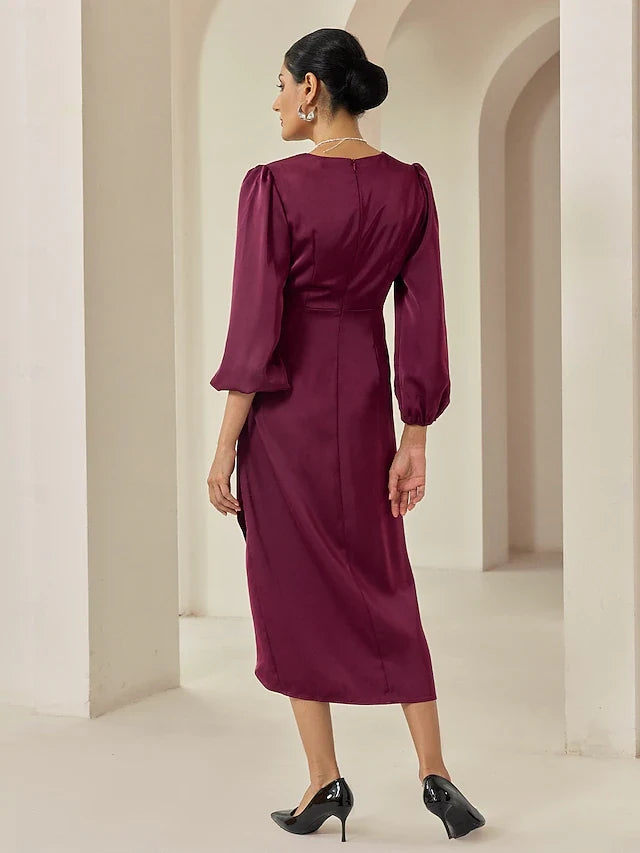 Elegant Wrap V-Neck Long Sleeve Ruched Tulip Burgundy Midi Prom Dress Women's