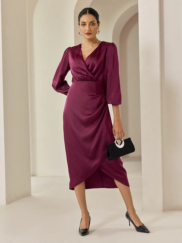 Elegant Wrap V-Neck Long Sleeve Ruched Tulip Burgundy Midi Prom Dress Women's