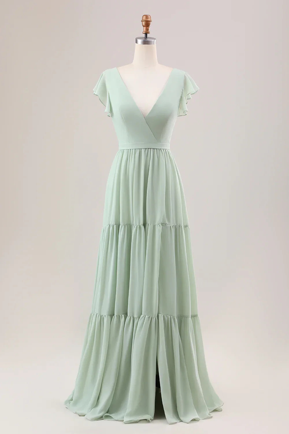 Elegant and flowing A-line V-neck lace up back slit long bridesmaid dress