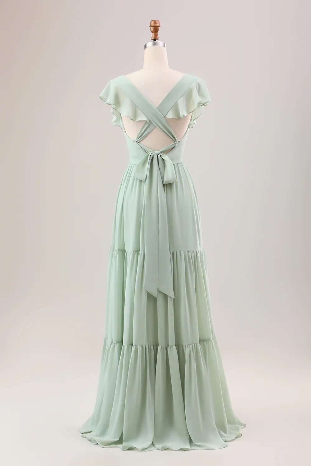 Elegant and flowing A-line V-neck lace up back slit long bridesmaid dress