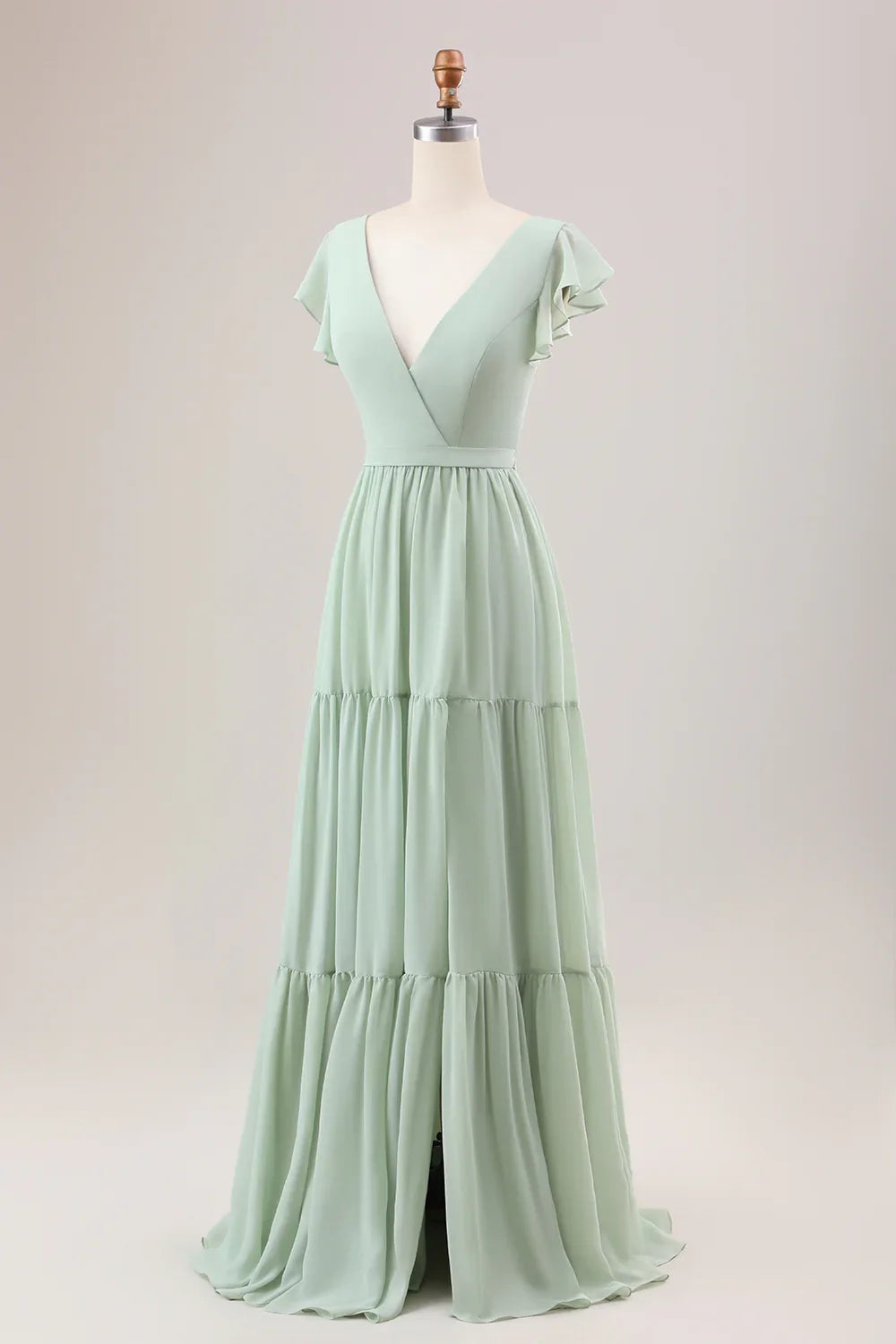 Elegant and flowing A-line V-neck lace up back slit long bridesmaid dress