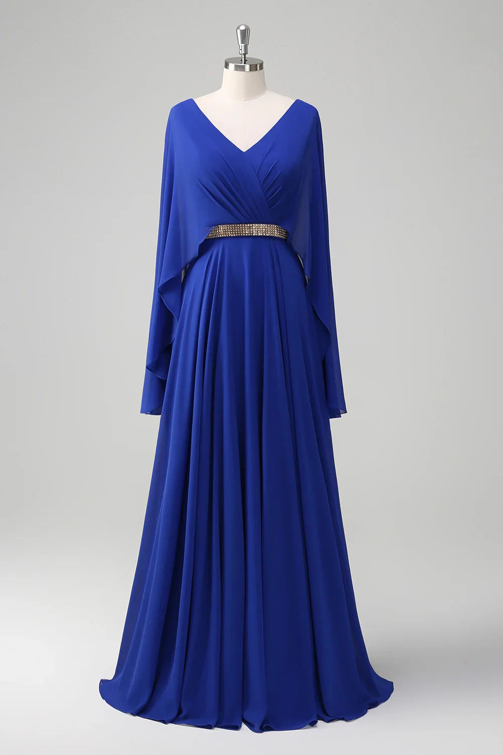Elegant and flowing A-line V-neck pleated long pearl bridal mother dress