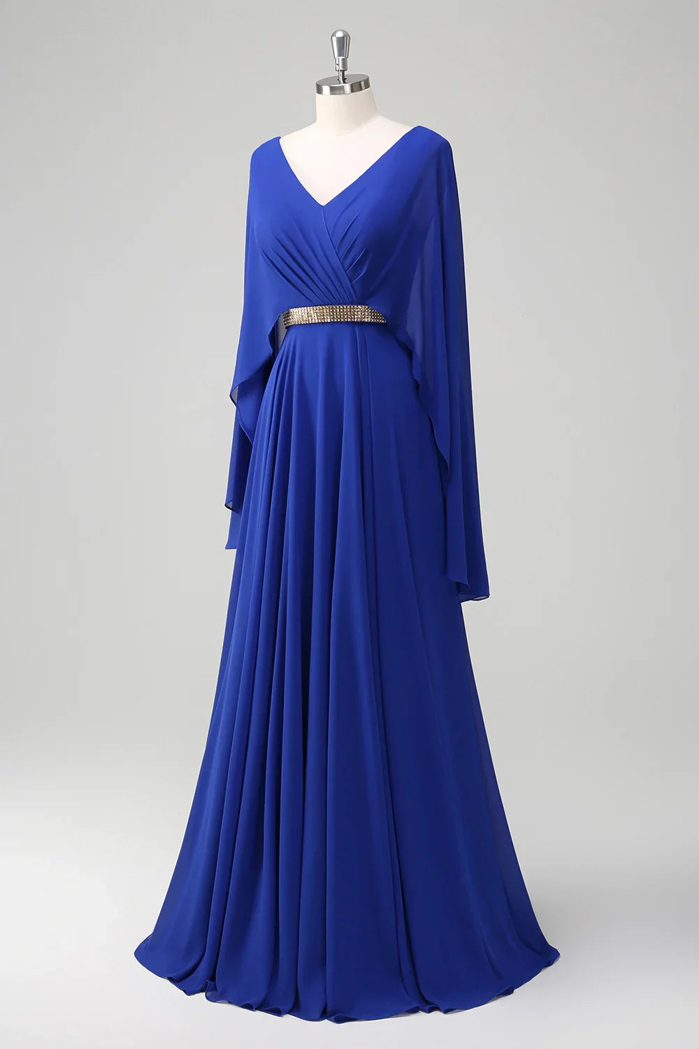 Elegant and flowing A-line V-neck pleated long pearl bridal mother dress