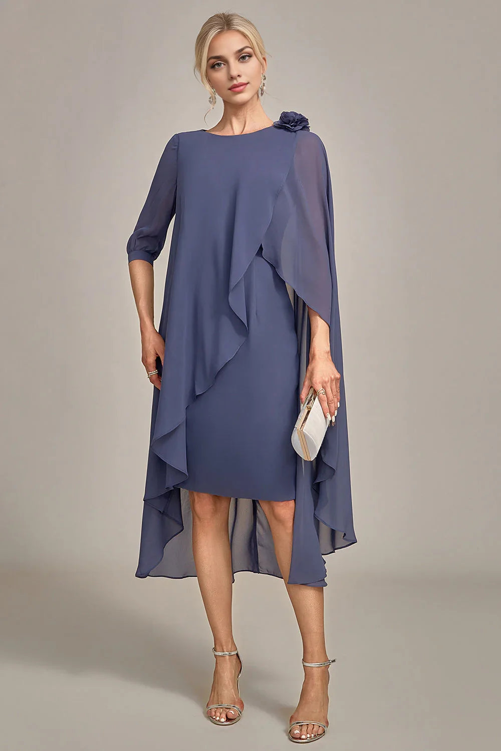 Elegant and flowing tight round neck beaded knee length chiffon bridal mother gown