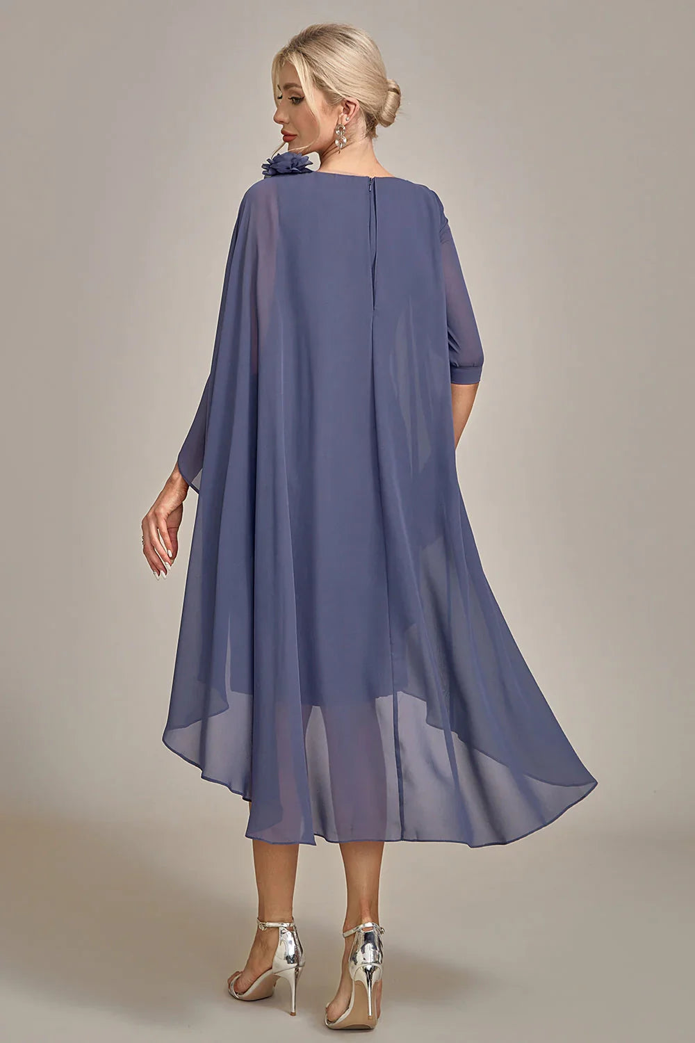 Elegant and flowing tight round neck beaded knee length chiffon bridal mother gown