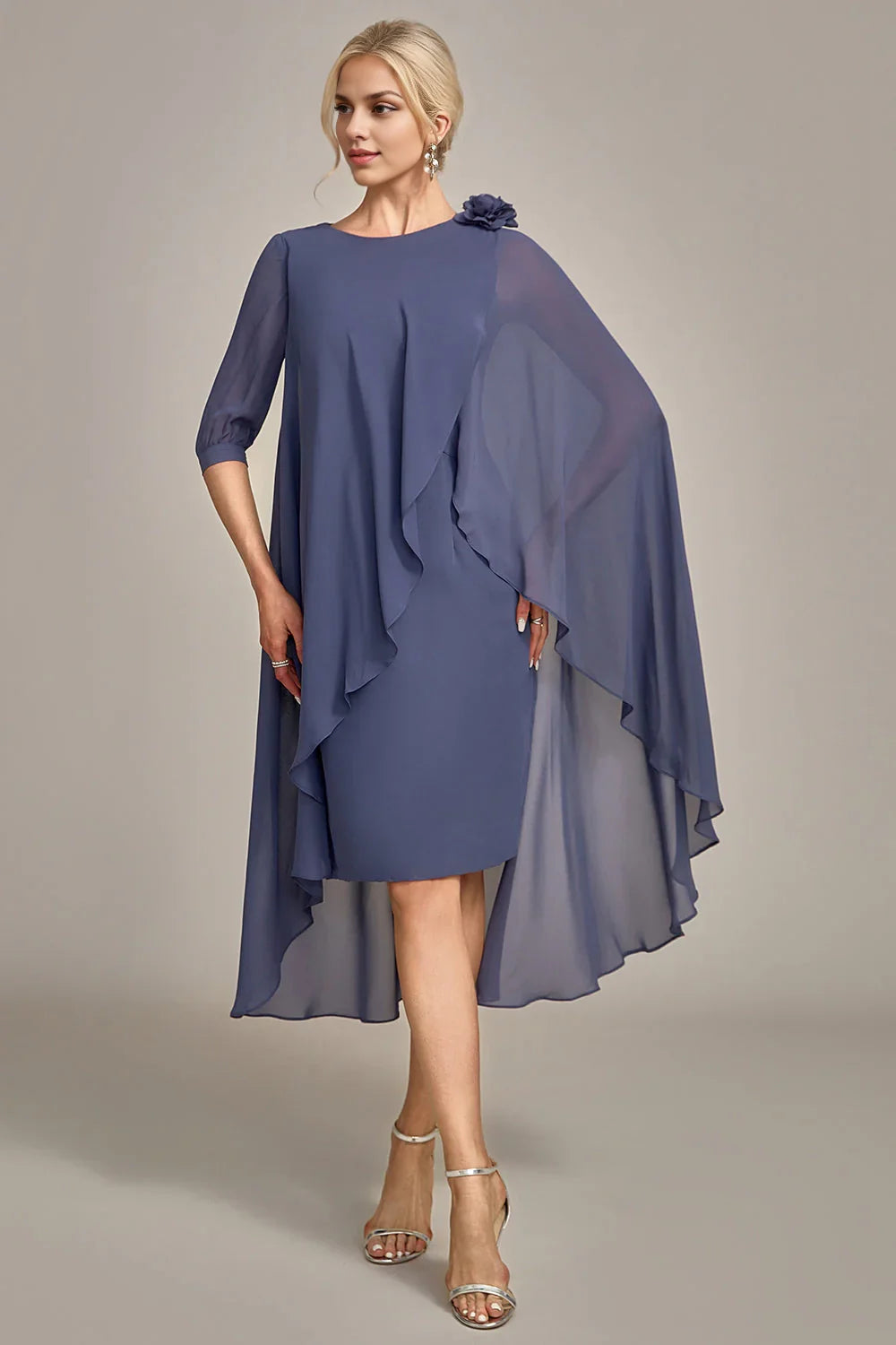 Elegant and flowing tight round neck beaded knee length chiffon bridal mother gown