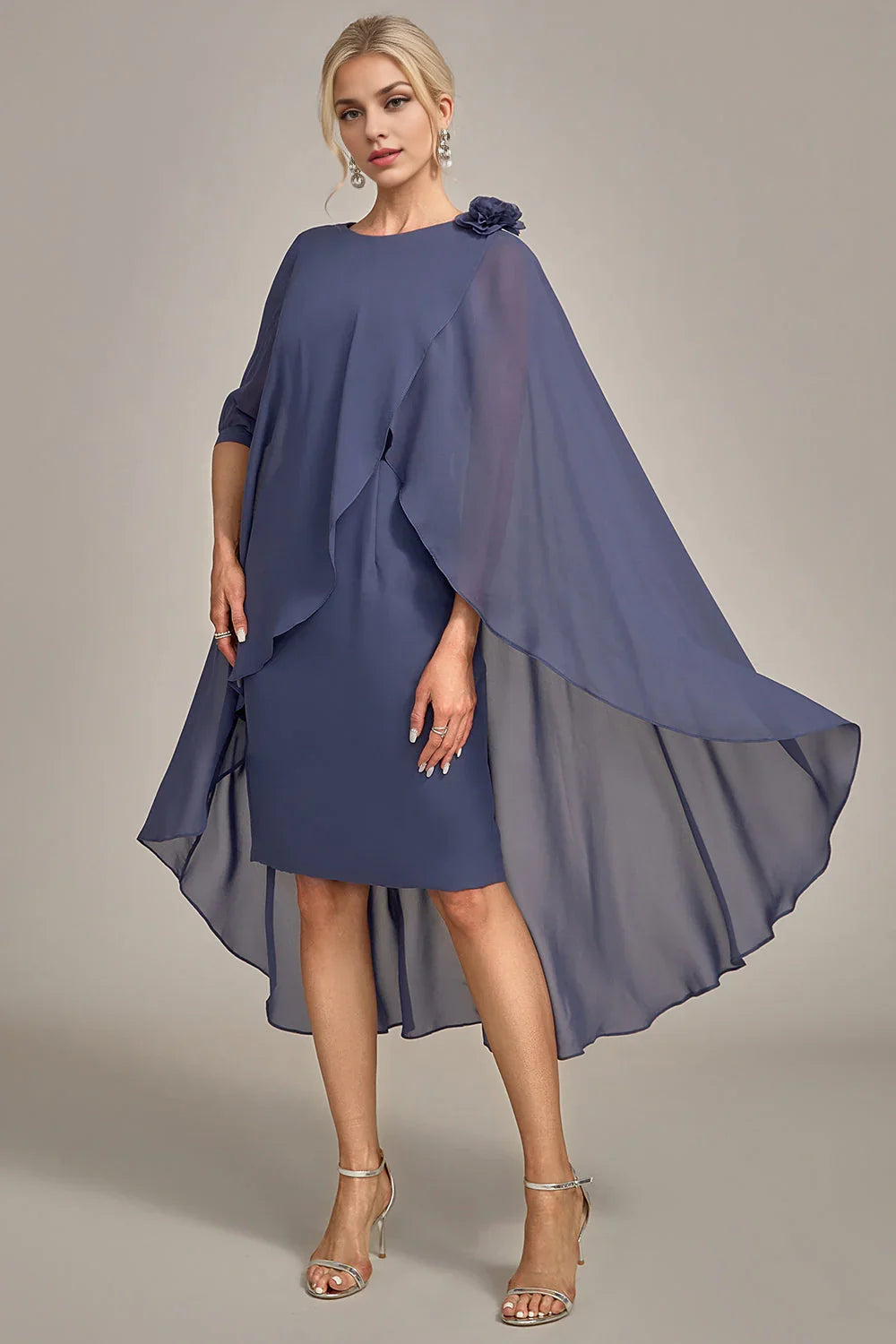 Elegant and flowing tight round neck beaded knee length chiffon bridal mother gown