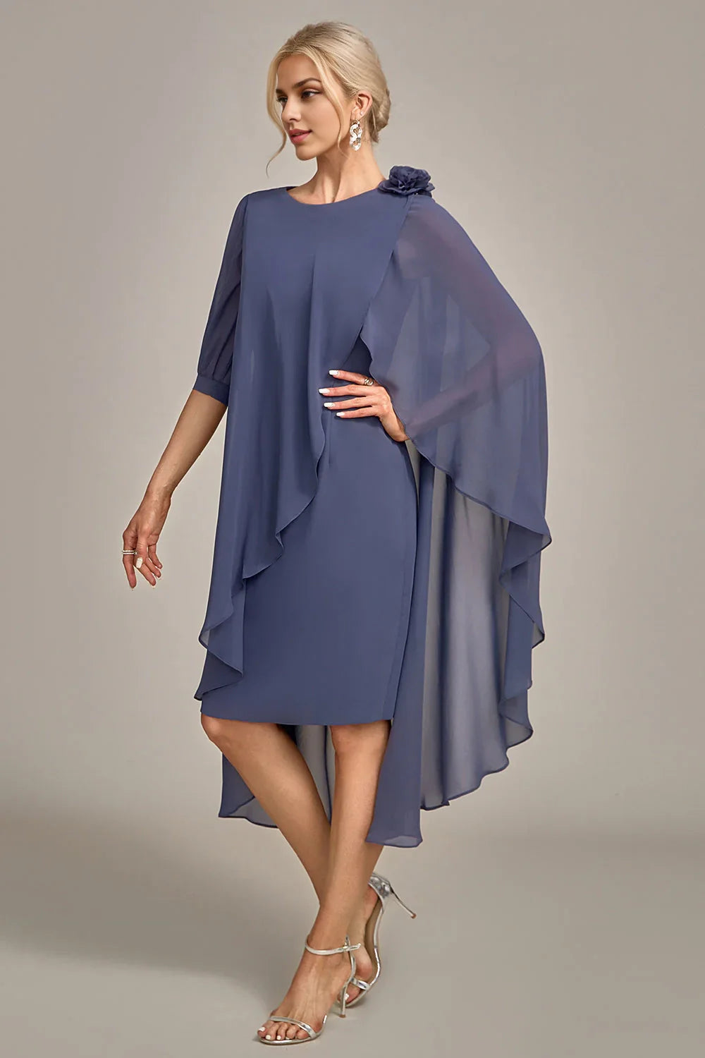 Elegant and flowing tight round neck beaded knee length chiffon bridal mother gown