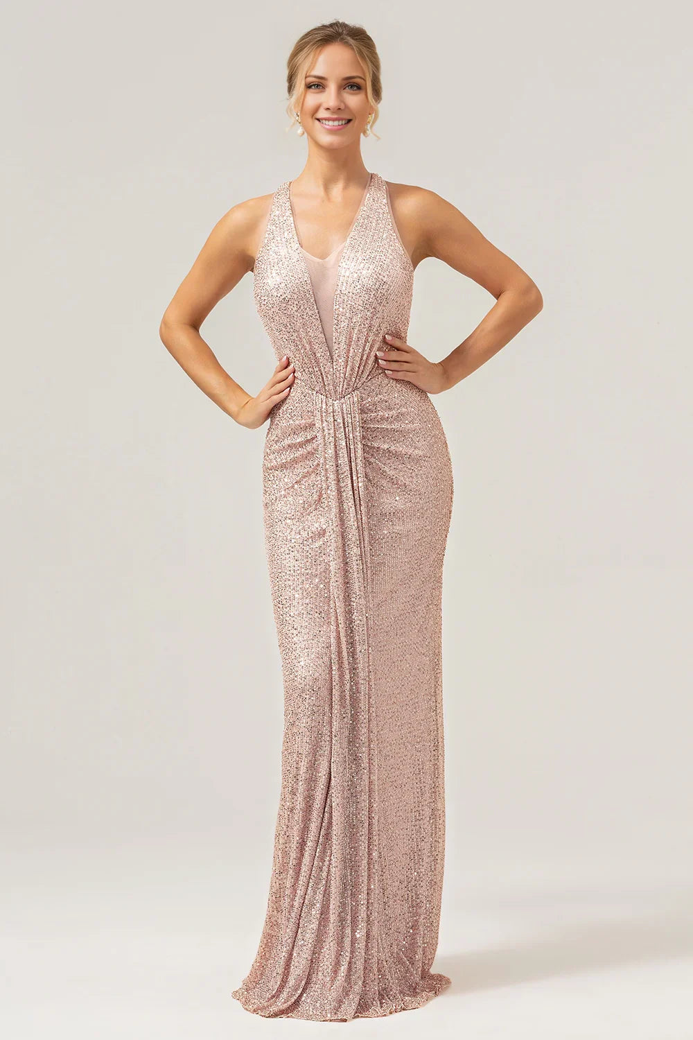 Elegant and shiny mermaid neck hanging pleated long sequin bridal mother dress