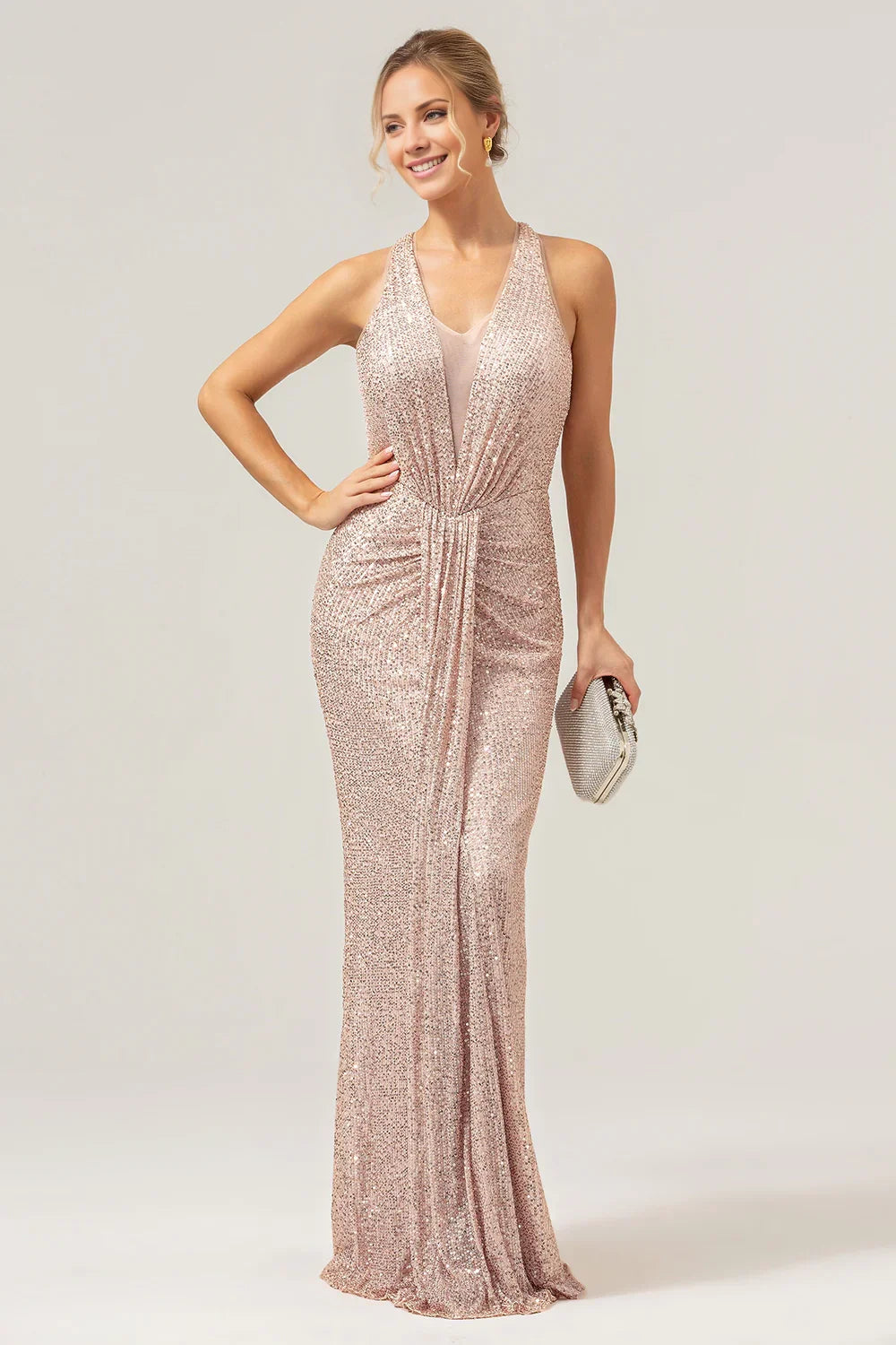 Elegant and shiny mermaid neck hanging pleated long sequin bridal mother dress