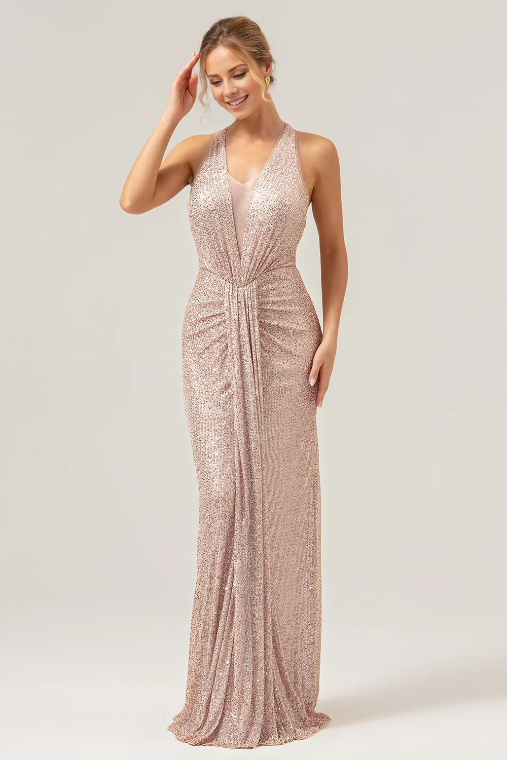 Elegant and shiny mermaid neck hanging pleated long sequin bridal mother dress