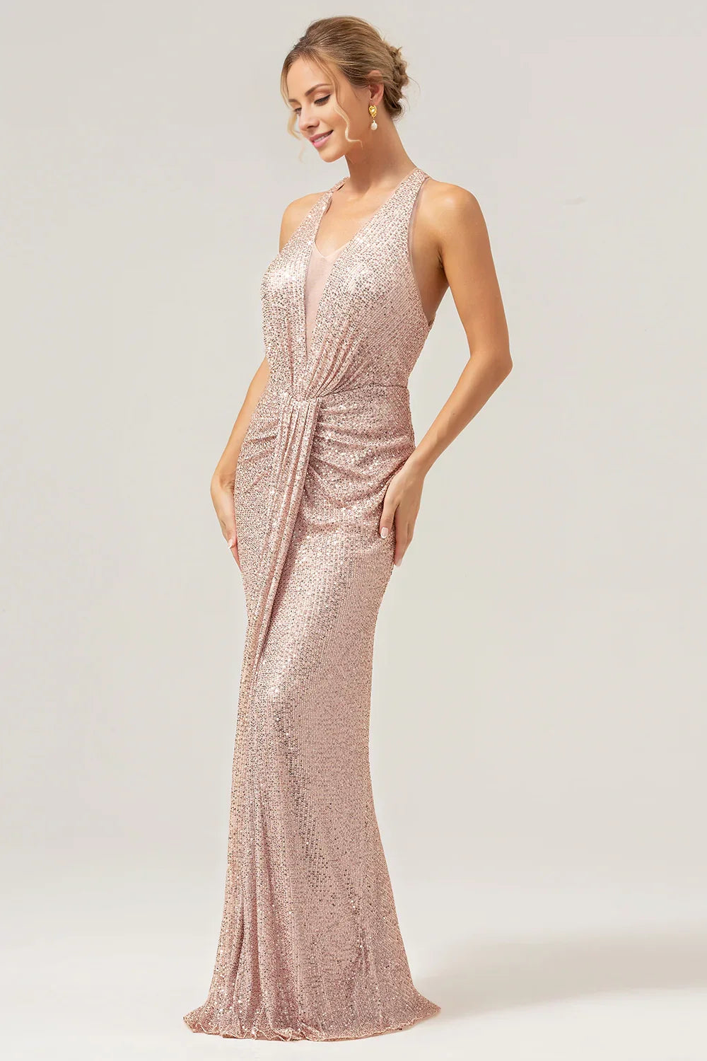 Elegant and shiny mermaid neck hanging pleated long sequin bridal mother dress