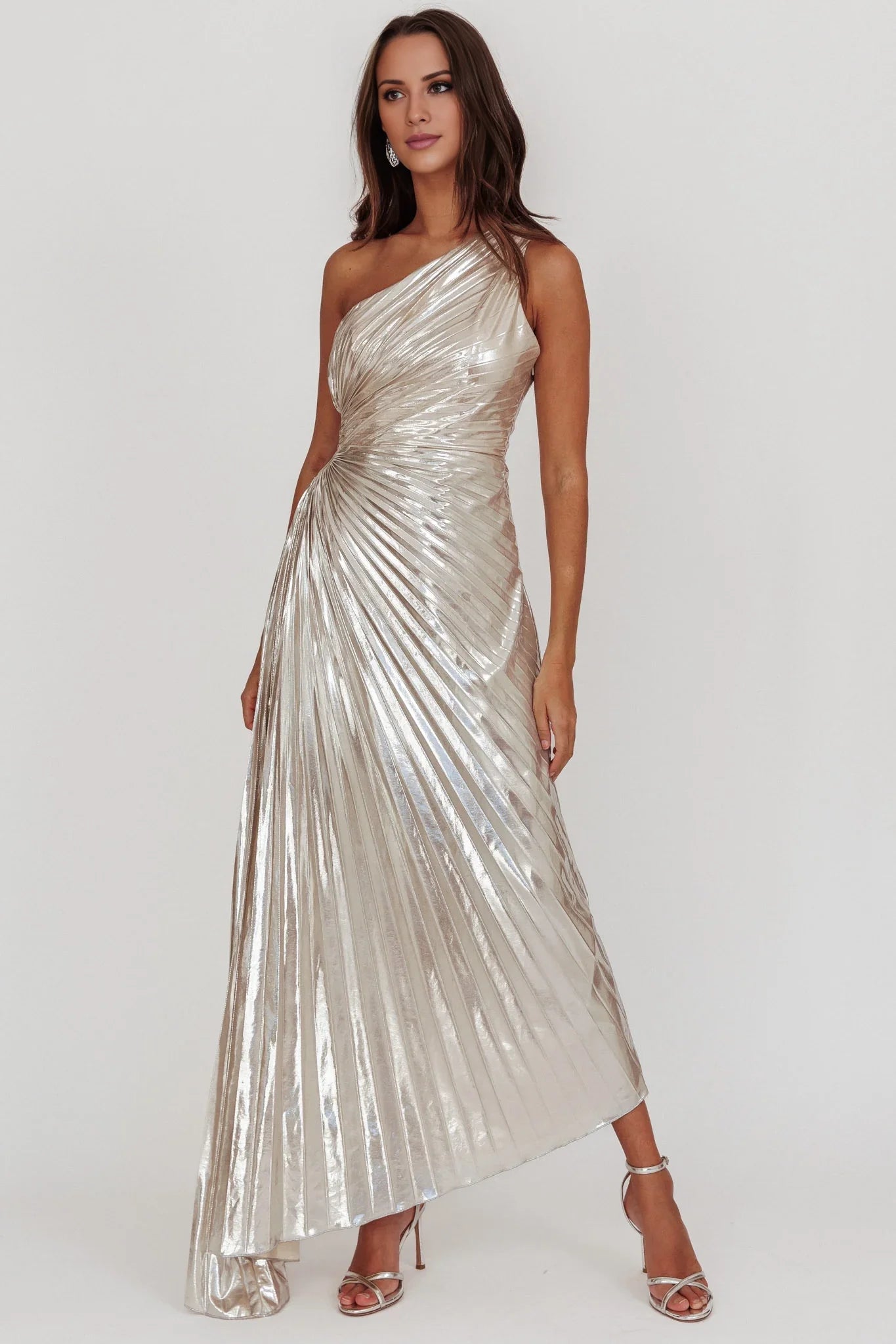 Elegant asymmetrical extra long one shoulder strap, waist slit, pleated side hidden zipper bridesmaid dress