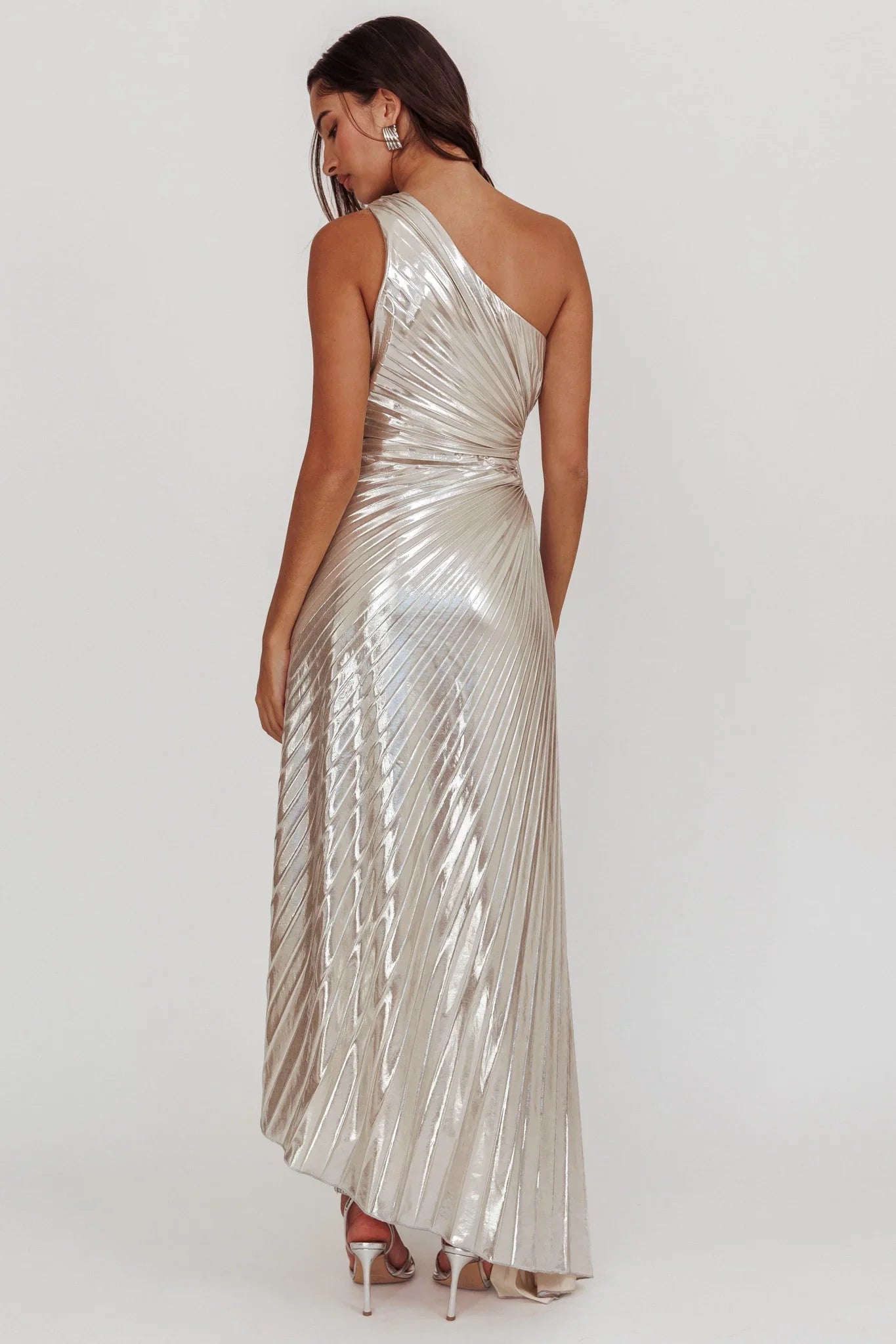 Elegant asymmetrical extra long one shoulder strap, waist slit, pleated side hidden zipper bridesmaid dress