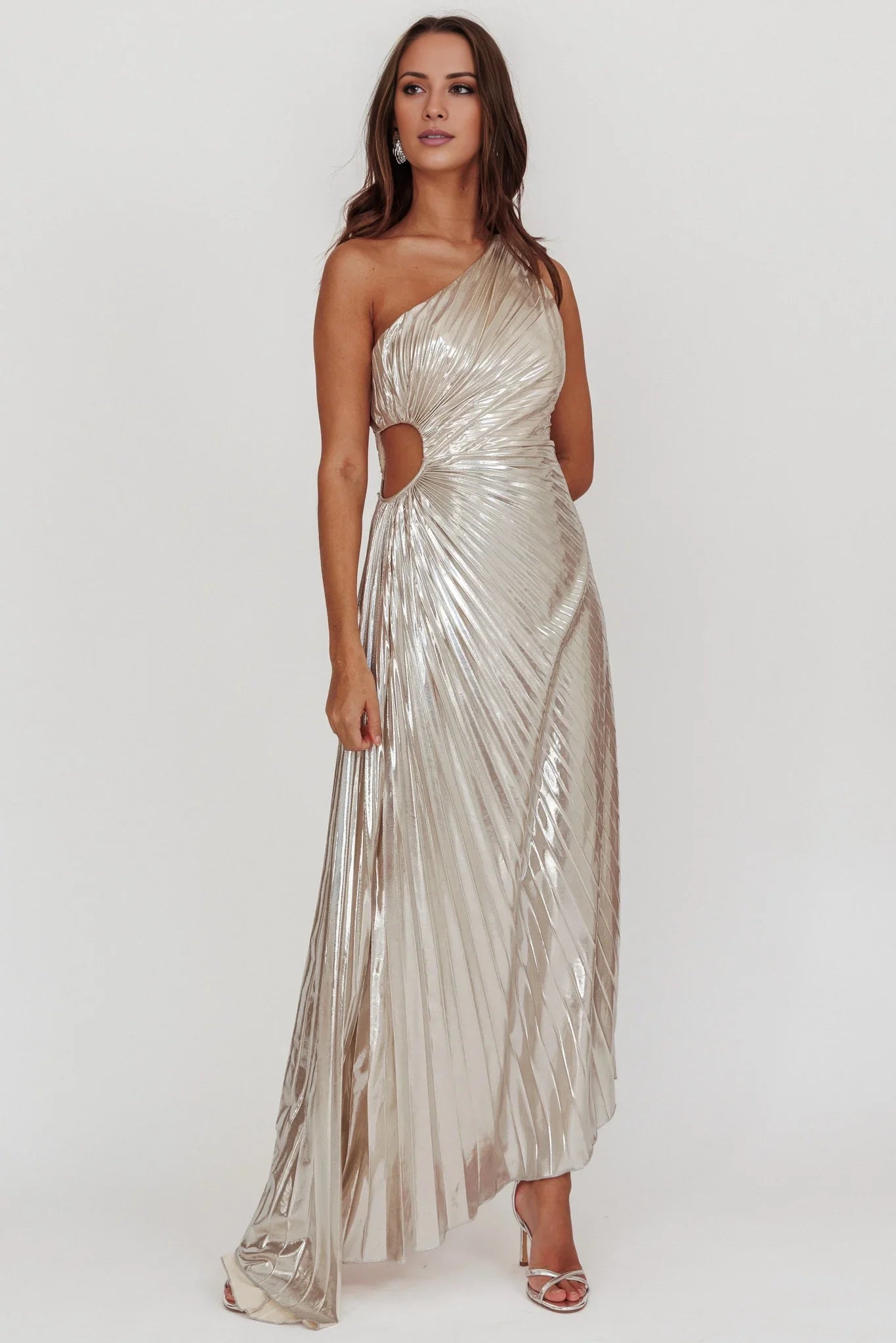 Elegant asymmetrical extra long one shoulder strap, waist slit, pleated side hidden zipper bridesmaid dress