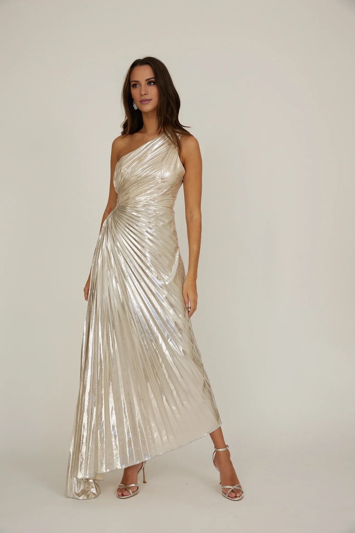 Elegant asymmetrical extra long one shoulder strap, waist slit, pleated side hidden zipper bridesmaid dress