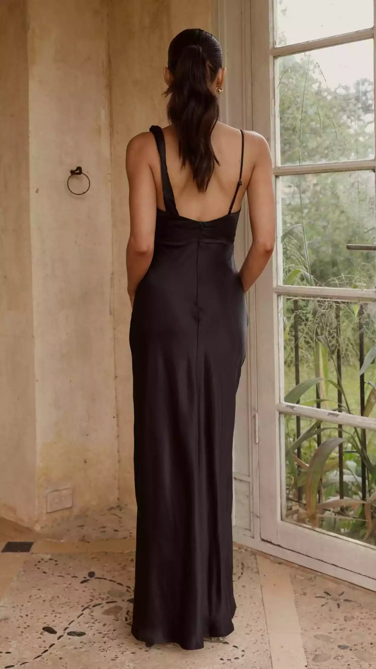 Elegant asymmetrical hanging collar twisted shoulder strap, thin shoulder strap, invisible back zipper, side pleats and slits Prom Dresses