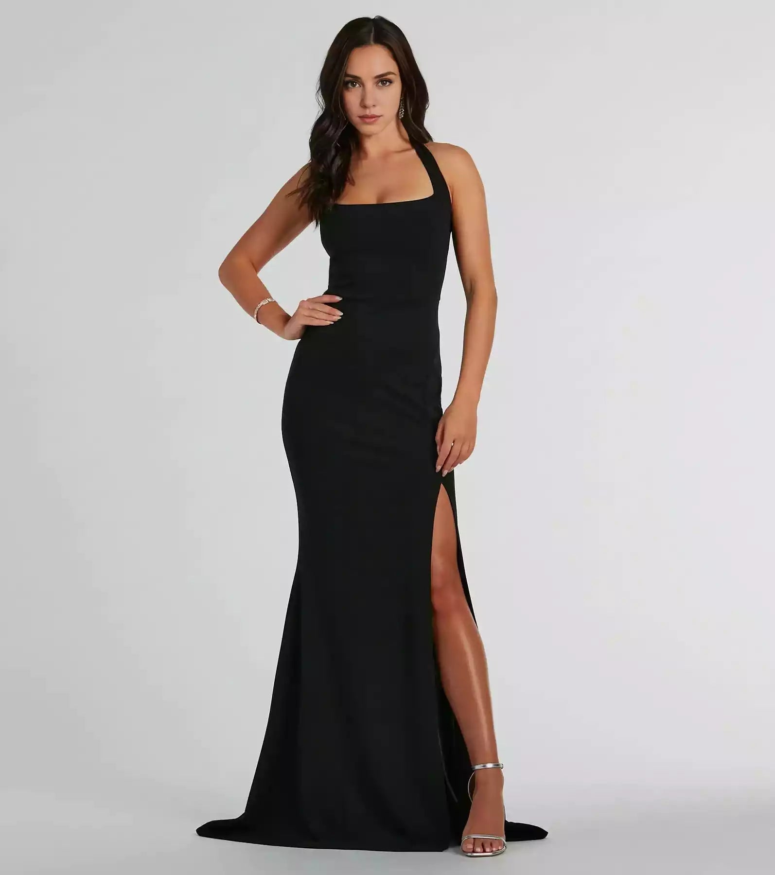 Enchanting knitted hanging neckline with adjustable thin shoulder straps, transparent mesh corset, high slit Prom Dresses