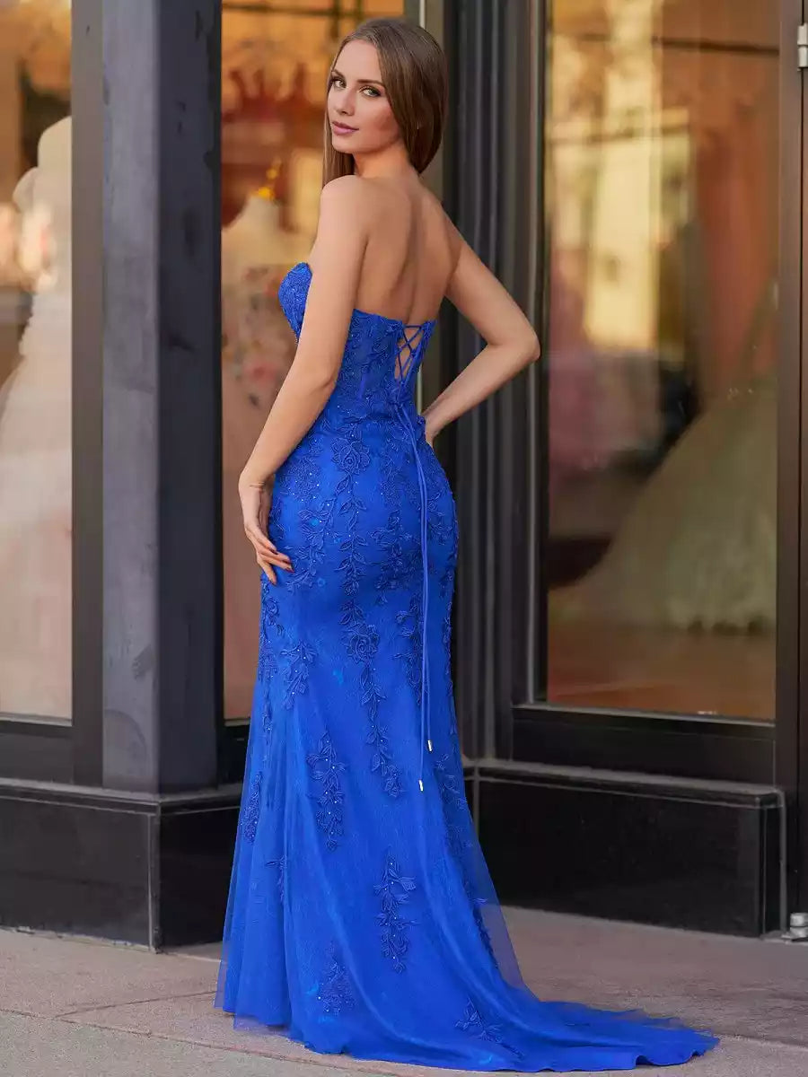 Elegant dancing mermaid lace chiffon strapless corset with appliqu ¨¦ straps on the back Prom Dresses