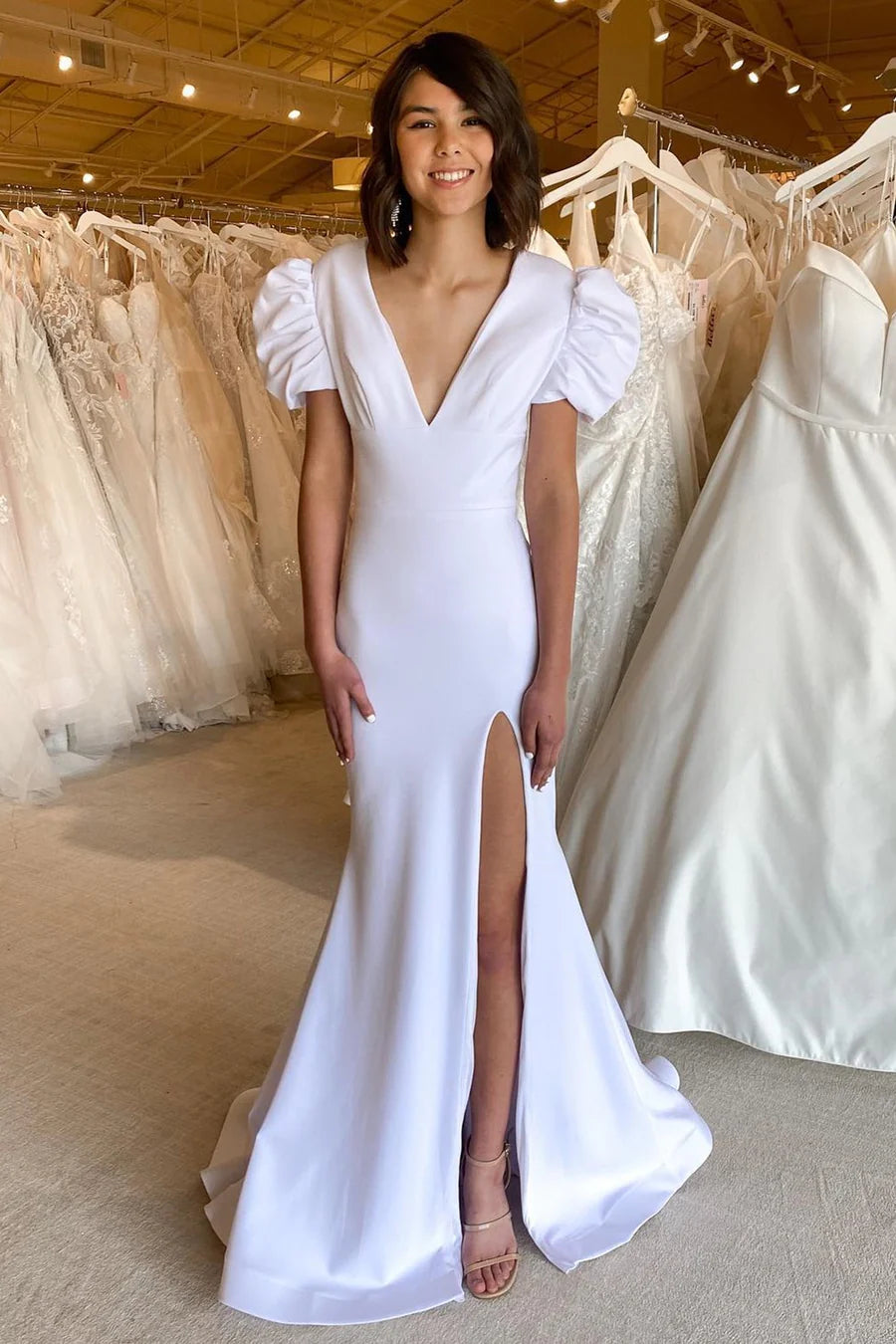 Elegant deep V-back hollow mermaid long dress with side slit