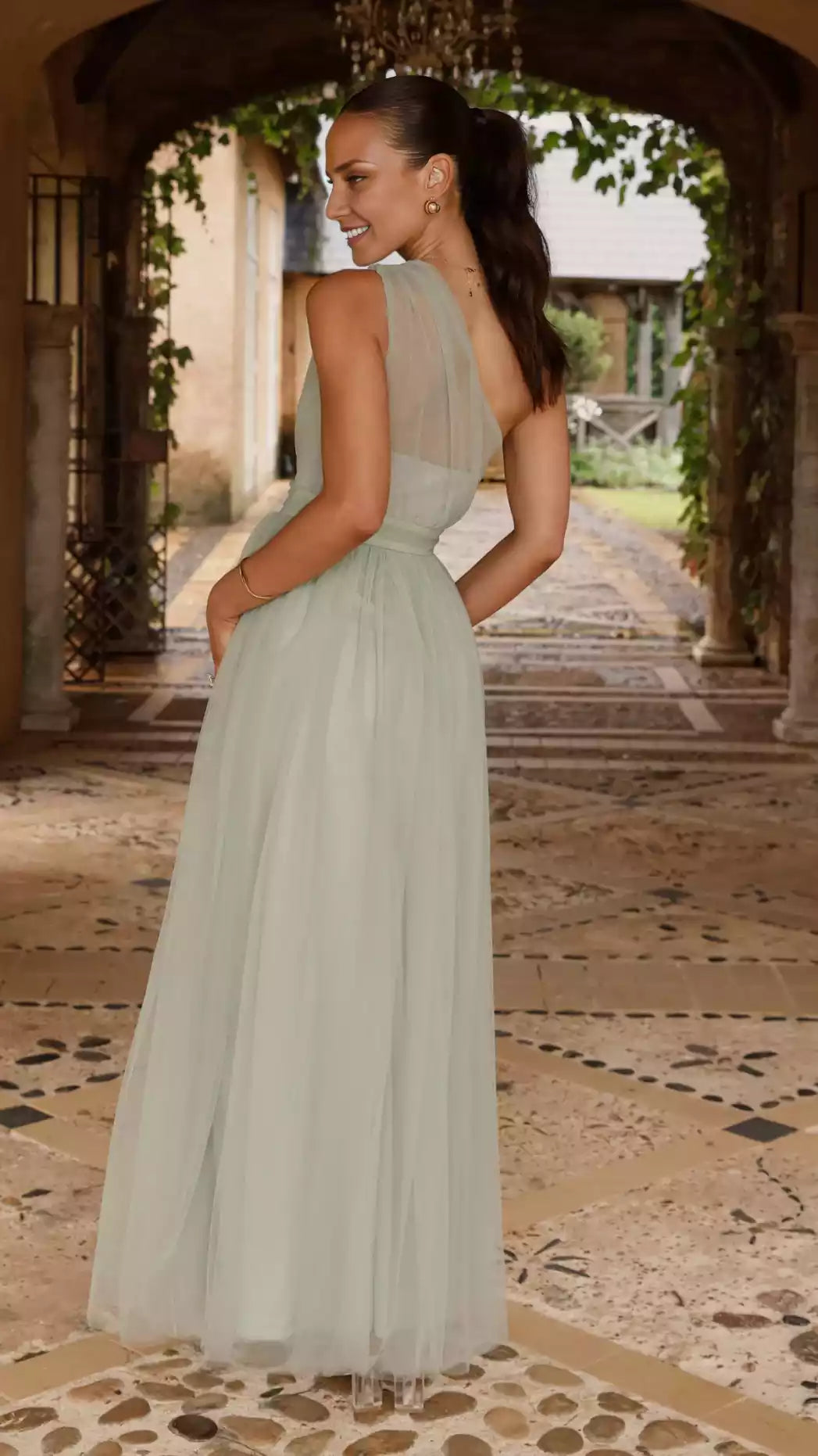 Elegant floor to ceiling one shoulder see through sweetheart neckline, waist cinched waist belt, sheer fabric, invisible side zipper Prom Dresses
