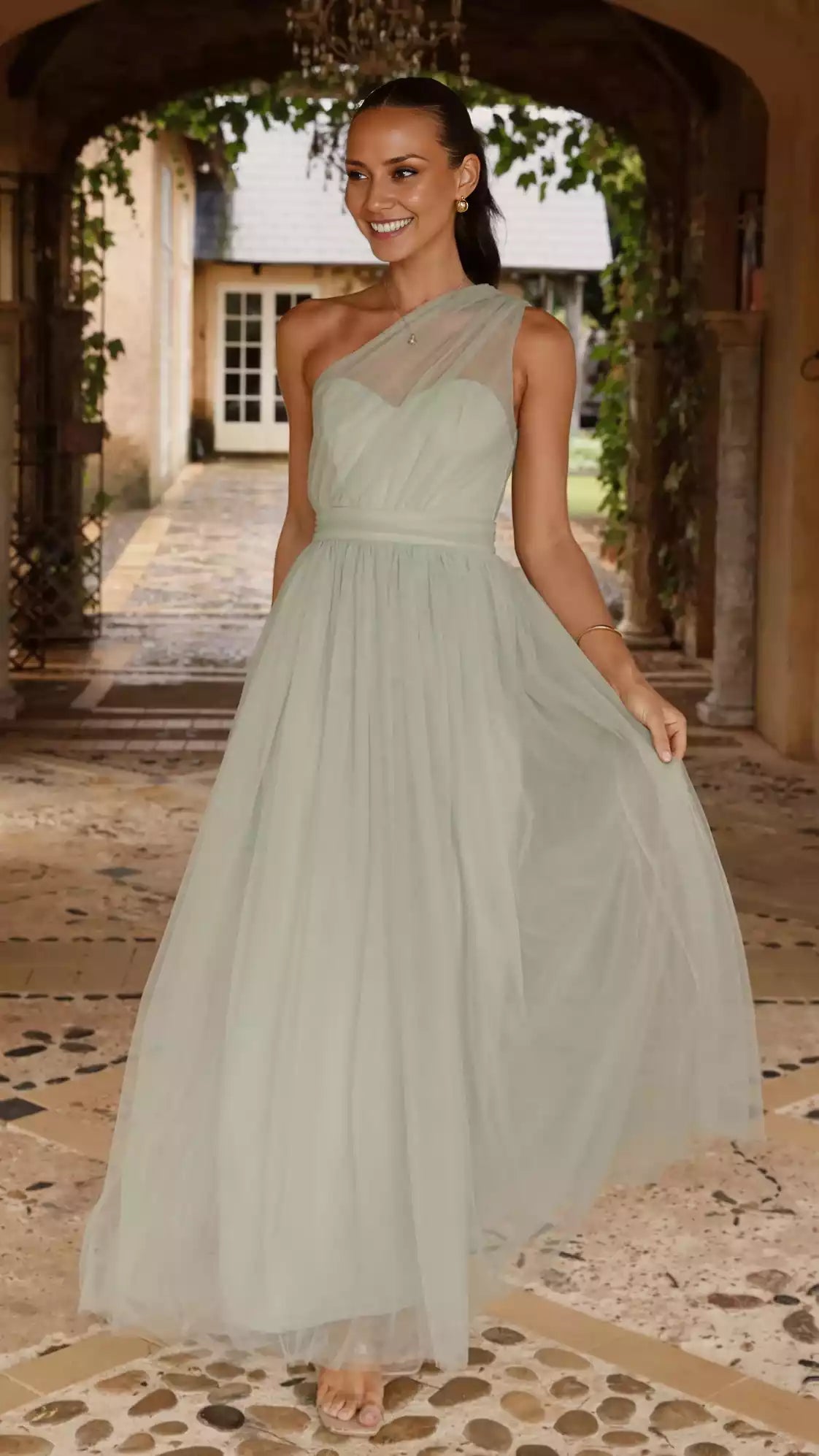 Elegant floor to ceiling one shoulder see through sweetheart neckline, waist cinched waist belt, sheer fabric, invisible side zipper Prom Dresses