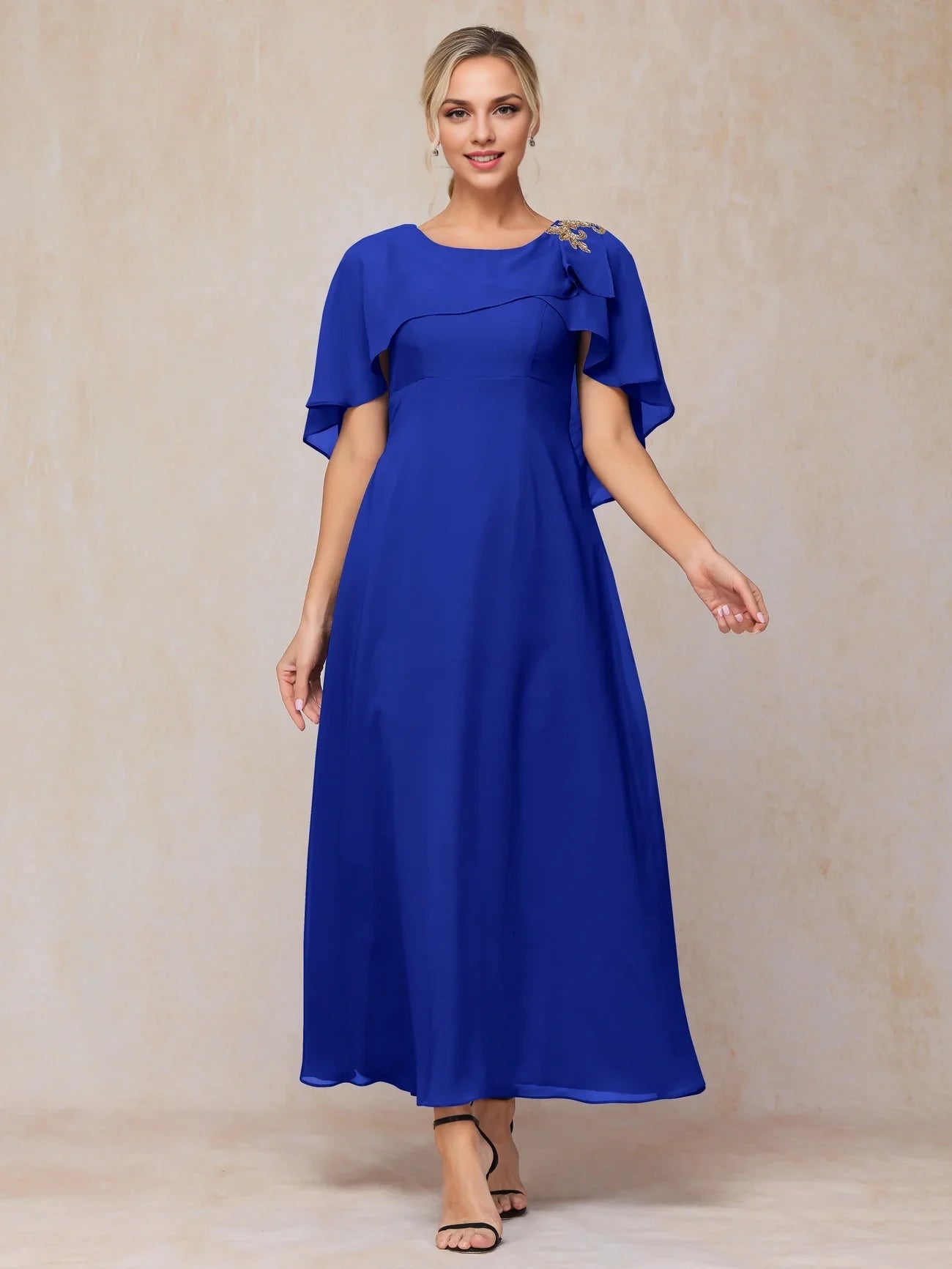 Elegant flowing short sleeved and ankle chiffon ruffle hem slim fit bride and mother dress