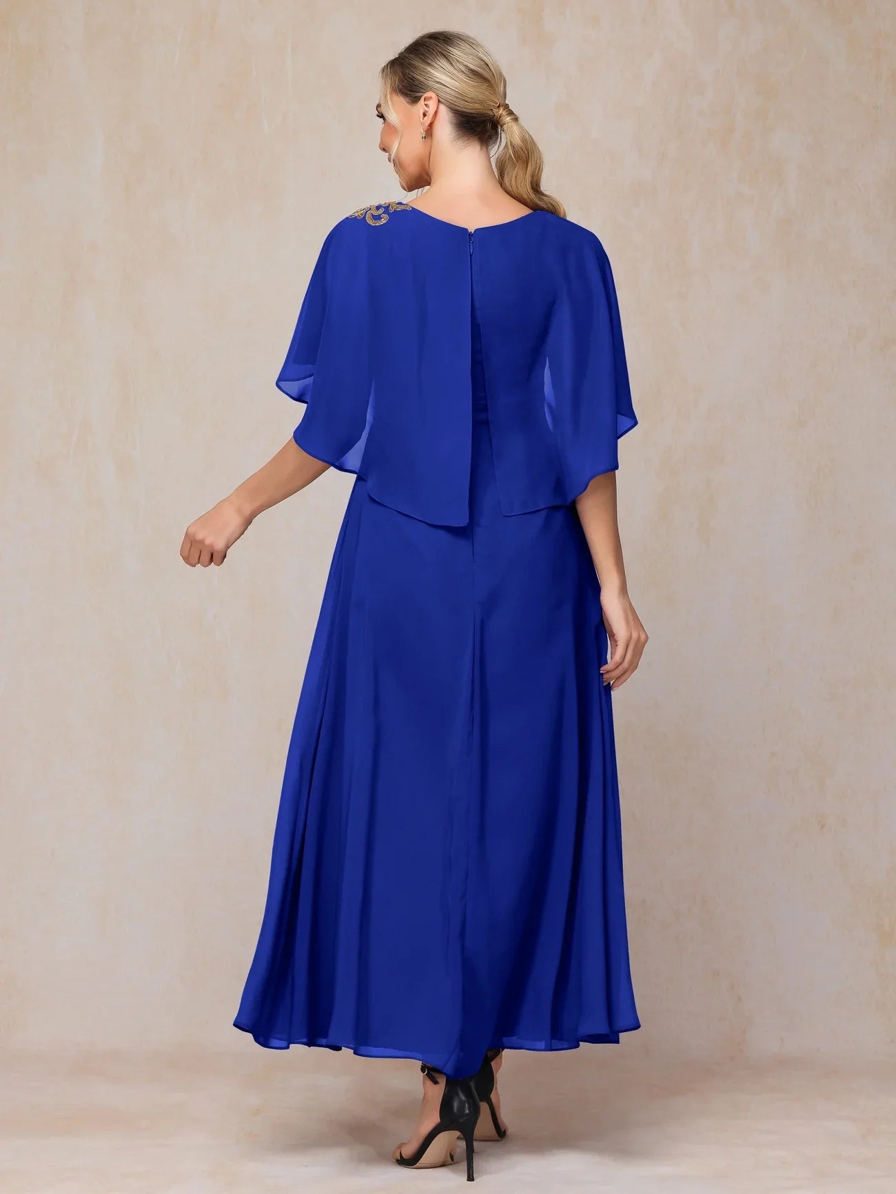 Elegant flowing short sleeved and ankle chiffon ruffle hem slim fit bride and mother dress