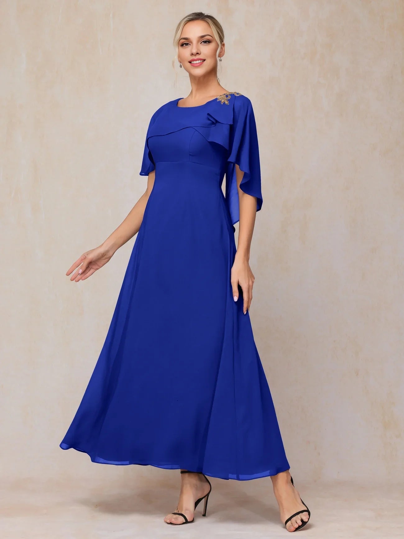 Elegant flowing short sleeved and ankle chiffon ruffle hem slim fit bride and mother dress