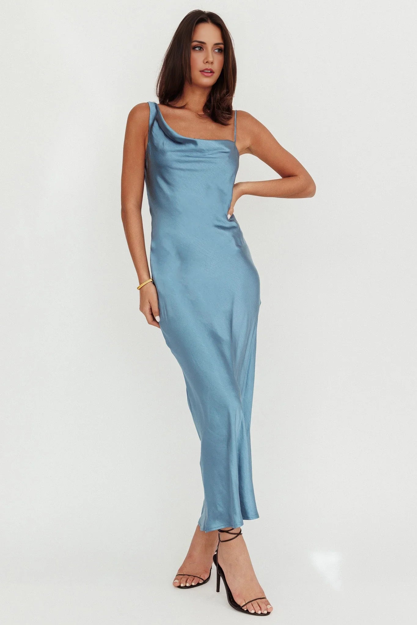 Elegant hanging satin long hanging back hidden side zipper bridesmaid dress