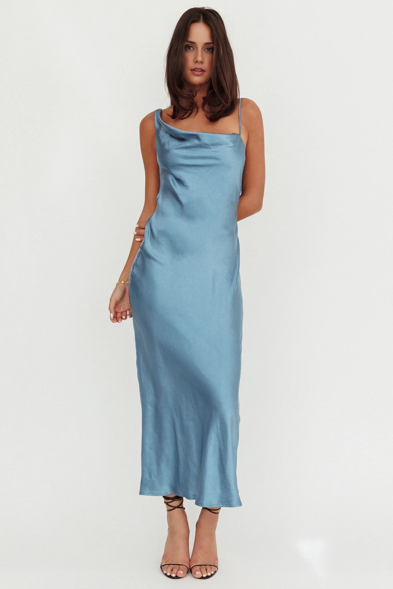 Elegant hanging satin long hanging back hidden side zipper bridesmaid dress