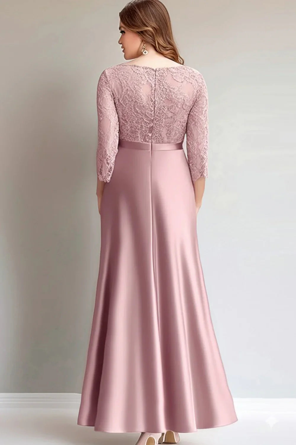 Elegant lace pleated long sleeved slim fit waist cinching bridal mother dress